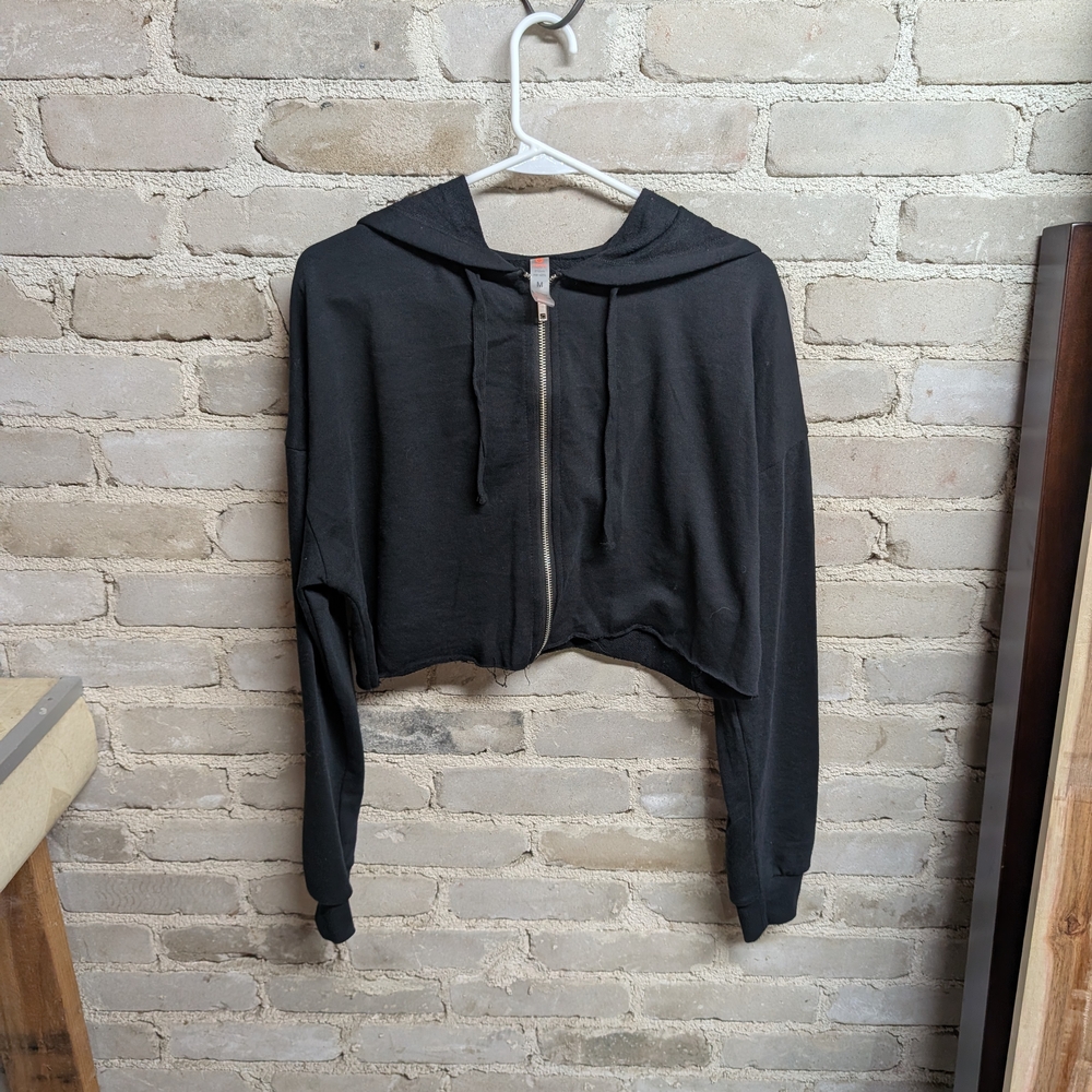 Black Cropped Zippered Hoodie with Sailor Collar